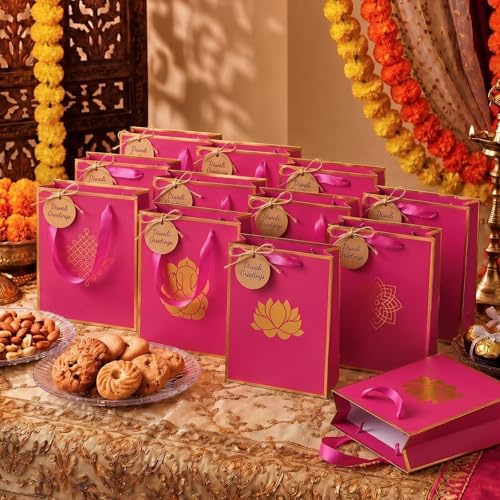 Sabary 30 Pcs Ganesh Pooja Indian Return Gift Paper Bag, Fuchsia