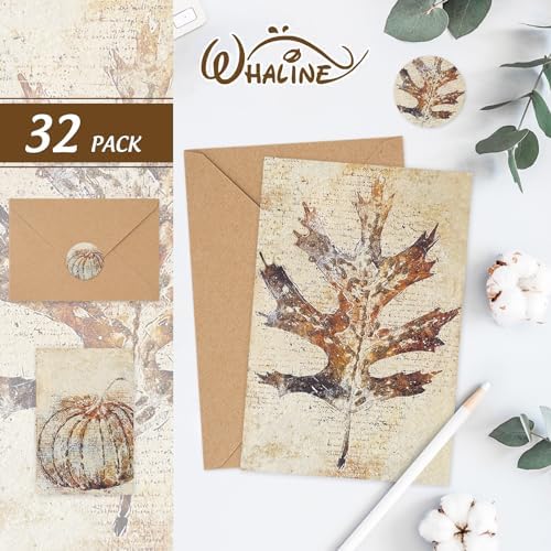 Whaline 32 Pack Fall Leaves Thank You Cards Vintage Maple Leaves Pumpkin Greeting Cards with Envelope Stickers Blank Note Card for Autumn Harvest Thanksgiving Holiday, 4 x 6 Inch