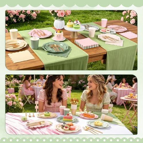350 Pcs Sage and Pink Paper Plates and Napkins Party Supplies - Pink and Green Birthday Decoration Include Dusty Pink Sage Green Scalloped Plate Napkin Cup & Cutlery for Baby Shower, Wedding, Birthday