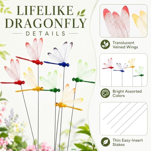 RAINFLOW 12PCS Realistic Dragonfly Garden Stakes 3D Fake Garden Decor