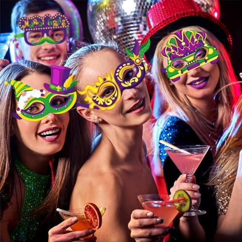 Threan 48 Pcs Mardi Gras Paper Eyeglasses Party Decor Garland Crown Mask Costume Photo Booth for New Orleans Favor Decor