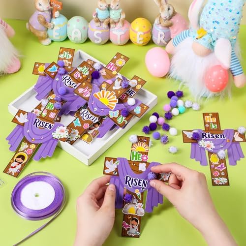 Funrous 48 Sets Crafts Kit Paper Crafts DIY Make Your Own Hanging Ornaments with Pompoms Diamond Stickers for Holiday Classroom Activities Party Favors, Easter Jesus