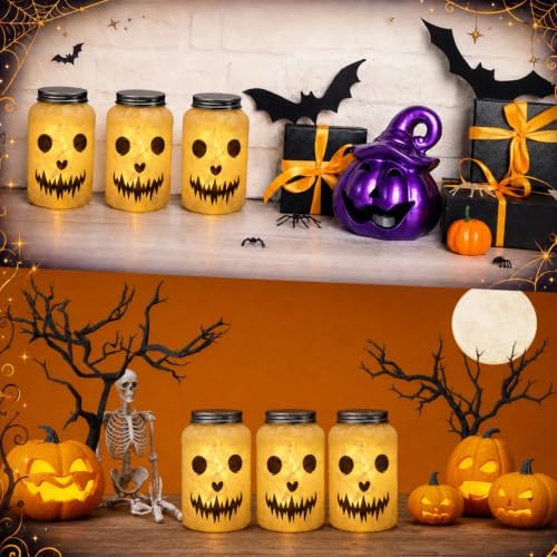 Qinyoung 12 Pcs Halloween Crafts Skeleton Demon Mason Jars with LED Light