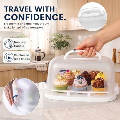 VGOODALL Cupcake and Cake Container with Lid, White Square Cake Carrier 12 Capacity Cup Dessert Holder with Handle for Pie Muffin Cobbler Family Picnics and Party Events, 3-in-1 Design