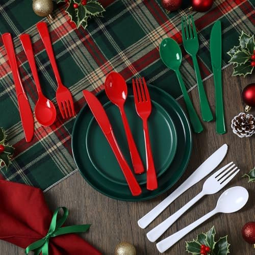 Minatee 180 Pcs Plastic Silverware Heavy Duty Cutlery Sets Disposable Utensils for Holiday Birthday Themed Party Supplies, 60 of Each Forks Knives Spoons (Red,Dark Green,White)