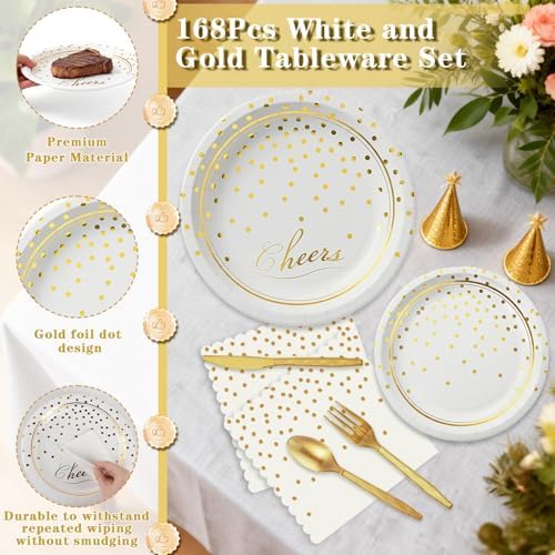 168Pcs White and Gold Paper Plates and Napkins Party Supplies for 24 Guest