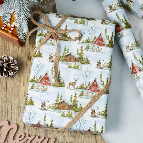 MAYPLUSS Christmas Wrapping Paper Roll - 17 In x 33 Feet - Cute Watercolor Christmas Tree Reindeer Log Cabin Gift Wrap Paper for New Year, Holiday, Kids