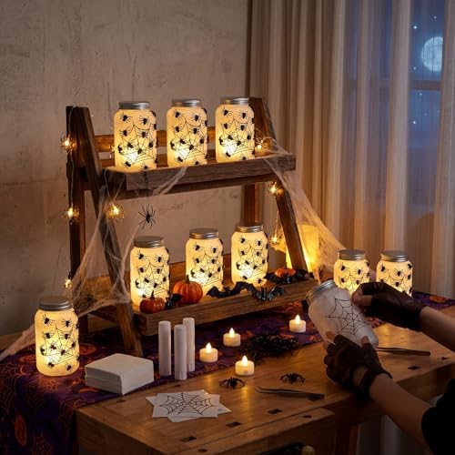Qinyoung 12 Pcs Halloween Spiderweb Craft Spiders Mason Jars with LED Light