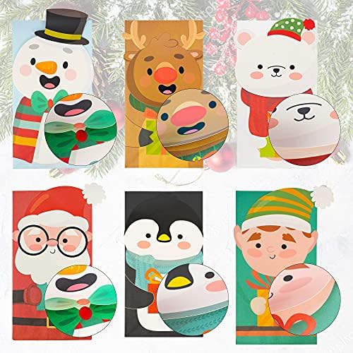 Uptotop 24 Pack 2D Christmas Treat Bags with 6 Assorted Designs, Xmas Kraft Paper Bags for Holiday Cookie Candy Party Favor Supplies Decor