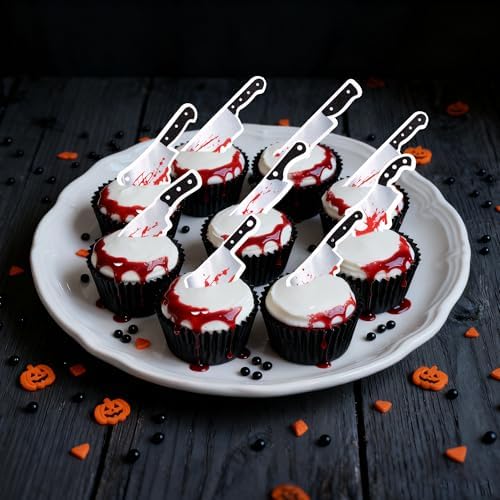 64 PCS Edible Halloween Cupcake Toppers Wafer Paper Horror Blood Knife Cupcake Picks Edible Have a Killer Birthday Cake Decorations for Halloween Blood Knife Theme Killer Birthday Party Supplies
