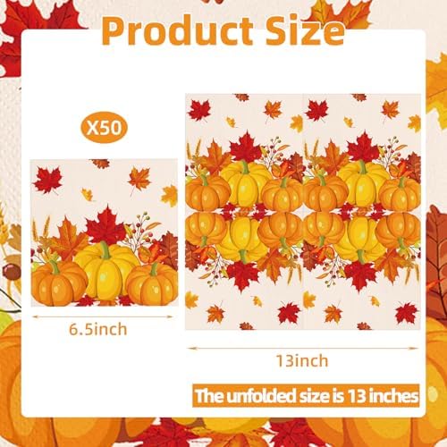 50 Count Fall Pumpkin Maple Leaf Paper Napkins, Disposable Autumn Harvest Party Napkins for Thanksgiving Day Dinner, Friendsgiving Feast, Cozy Fall Birthday Gatherings, Maple-Themed Table Decorations