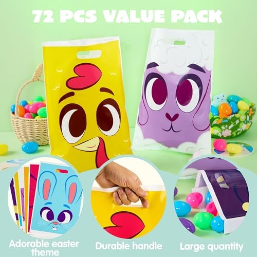 JOYIN 72 Pcs Easter Large Plastic Tote Bags Easter Goodie Treat Gift Bags with Handles for Egg Hunt, Kids Basket Party Favor Party Supplies