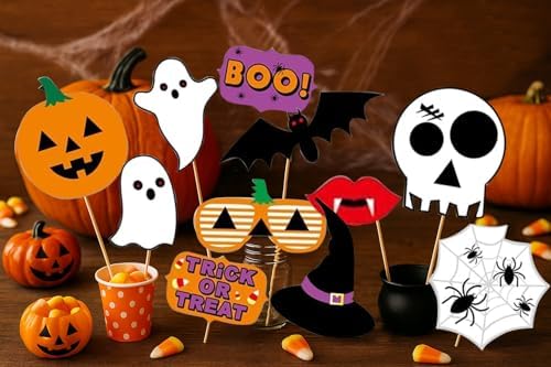 22PCS Halloween Photo Booth Props – Spooky Party Photo Props for All Ages, Ghost/Pumpkin/Bat/Witch Designs, Easy DIY Assembly, Sturdy Cardstock Party Decorations for Photo Booth & Selfies