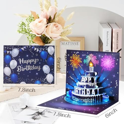 APOTODITO Musical Birthday Cards, 3D Pop Up Card with Music and Light, Firework Birthday Cards with Interactive Blowable Candle, Gift for Her Him Mom Grandma Wife Husband (Blue and Silver)