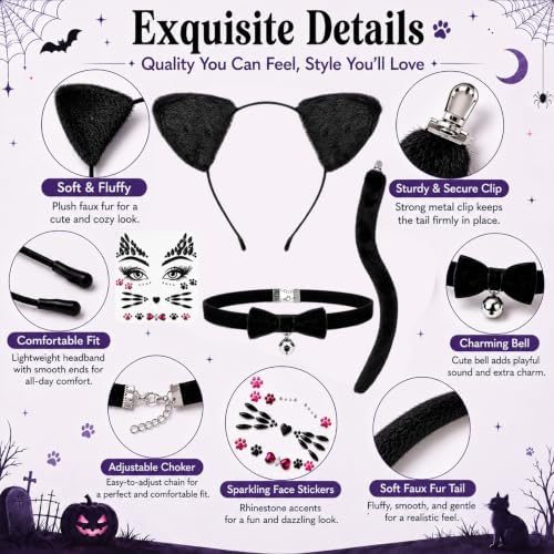Black Cat Ears Headband, Tail, Choker & Face Stickers Set - Black Cat Costume Outfit Woman Adult Women, Halloween Cosplay Costume Dress Up Party Accessories