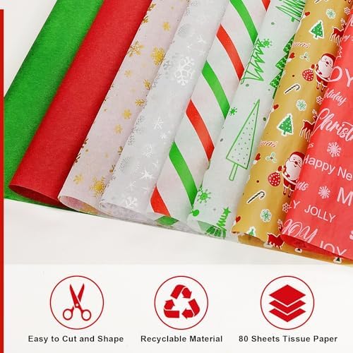 AORZIT Christmas Tissue Paper 80 Sheets - Snowflake Snowman Pattern 14x20 Inch, Gift Bags & Boxes Wrapping Packaging, DIY Arts Crafts