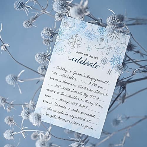 Canopy Street Faux Glitter Winter Party Fill In Invitations / 25 Snowflake Invites With White Envelopes / 5" x 7" Elegant Snow All Occasion Event Invites/Made In The USA