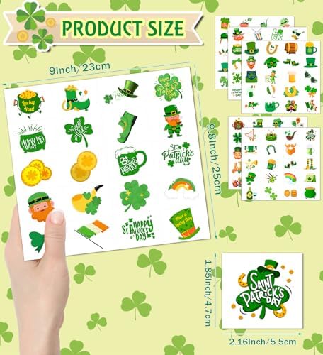 St. Patrick's Day Temporary Tattoos for Kids & Adults, 120 Irish Shamrock, Leprechaun, Gold Coins, Beer Mug Designs Waterproof & Easy to Apply Party Favors for Parade, School, Photo Booth, Cosplay