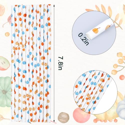 Whaline 200Pcs Fall Paper Straws Blue Orange Pumpkin Disposable Straws Little Pumpkin Baby Shower Drinking Straw for Autumn Harvest Thanksgiving Halloween Party Supplies
