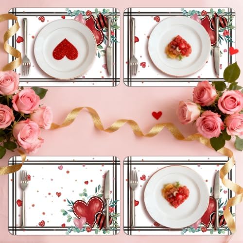 6 Set Valentine's Day Placemats, 11x16 Inch Heart Eucalyptus Leaves Branches Plastic Placemats Red Heart Branches Spring Holiday Table Mats for Wedding Party Festival Decor