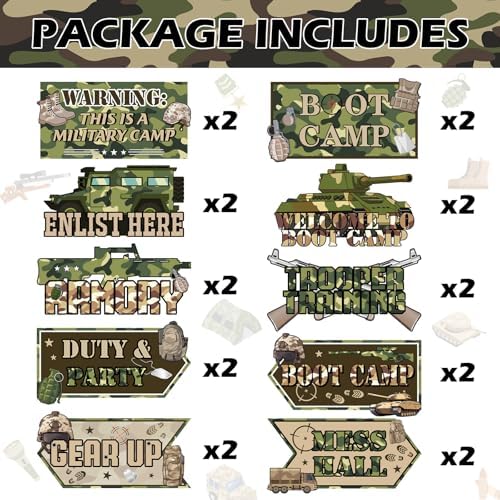 Hooqict 20 Pieces Army Party Sign Camouflage Military Birthday Party Decorations Directional Signs for Boys Men Camo Army Retirement Decorations Welcome to Boot Camp Party Supplies