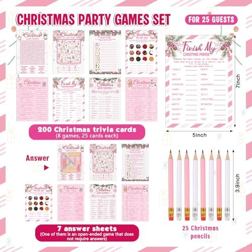 232 Pcs Christmas Trivia Party Games Set Include 207 Xmas Games Question Answer Paper Cards 25 Pencils for Festival Guessing Activity Party Supplies, 25 Players