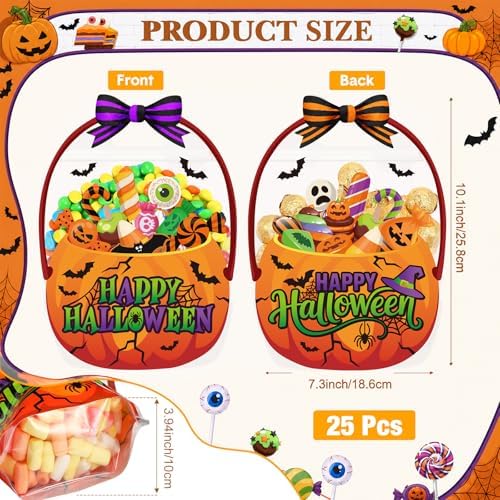 Fuutreo 25 Pcs Halloween Treat Bags with Handles, Horror Candy Plastic