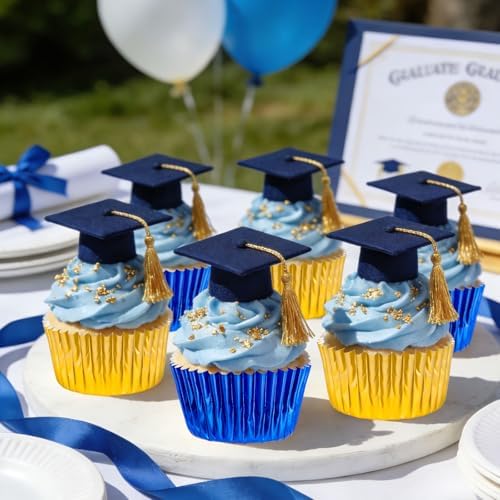 JarThenaAMCS 200Pcs Graduation Foil Cupcake Liners Baking Cups Gold Blue 2026 Congrats Grad Foil Metallic Cupcake Wrappers Muffin Liners for College High School Party Supplies Table Decor