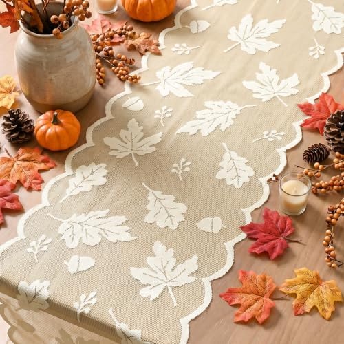Artoid Mode Beige Lace Jacquard Maple Leaf Fall Table Runner, Seasonal Thanksgiving Orange Kitchen Dining Table Decoration for Home Party Decor 13x72 Inch