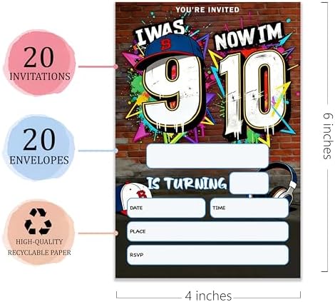 4x6 I Was 9 Now I'm 10" Urban 10th Birthday Invitation Set (20 Cards + 20 Envelopes) – Street Style Sports Themed Party Invites.(171)