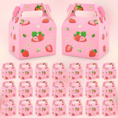 24 Pieces Strawberry Party Favor Boxes Gable Candy Treat Box Folding Paper Gift Box with Handles Fruit Party Favors for Strawberry Themed Sweet Birthday Party Baby Shower Wedding Decoration Supplies