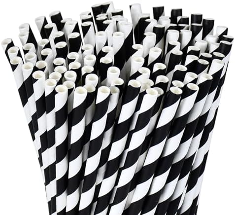 7.75" Black Straws, Black Striped Paper Drinking Straws Disposable 100 ct