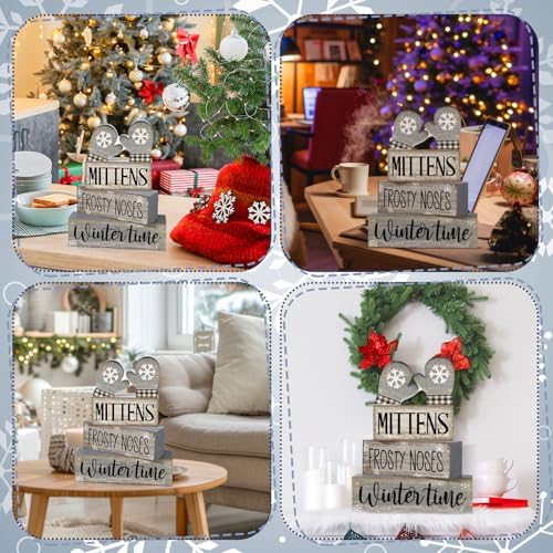 Lineshading 4 Pcs Winter Table Decorations Wooden Mittens Decor Winter Tiered Tray Decor Rustic Snowflake Mittens Block Signs Gift Farmhouse Christmas Centerpiece for Wonderland Party Kitchen Home