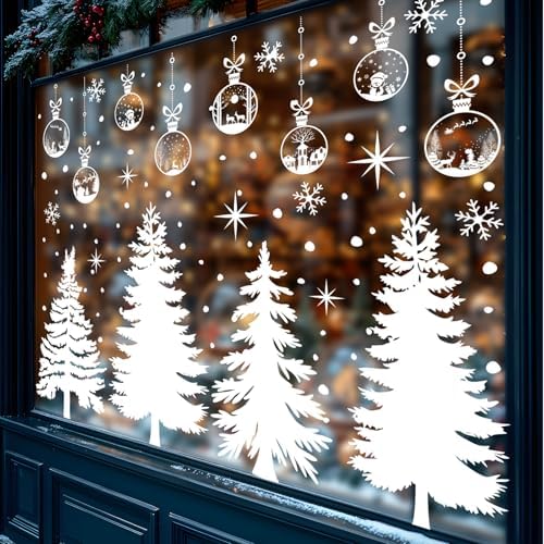 JarThenaAMCS 13.8 * 35.4'' Extra Large Winter Christmas Window Clings 4 Sheets White Xmas Tree Ball Window Stickers Double-Sided Glass Decals for Home Classroom Office Party Decoration