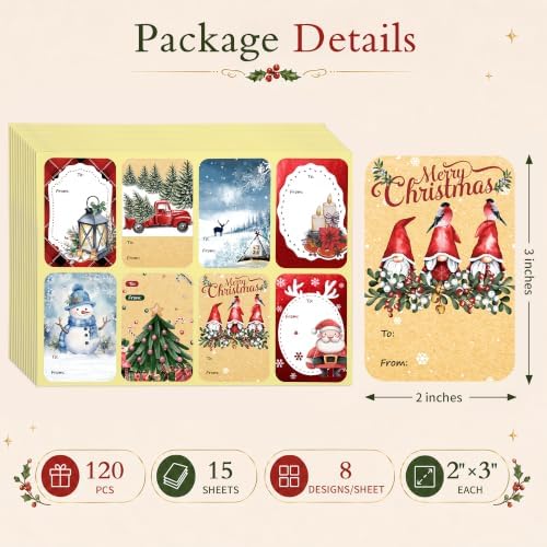 120 PCS 8 Designs Christmas Gift Tag Stickers, Self Adhesive Labels