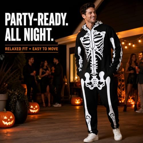 Skeleton Halloween Costume for Men & Women, Double-Sided Zip Hood Jumpsuit