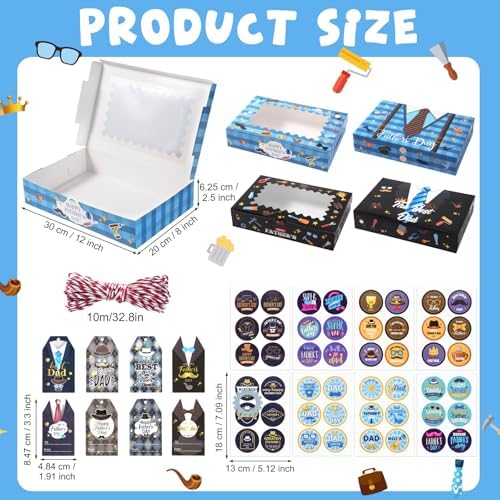 FCKLVMC 12 Pcs Fathers Day Gift Boxes Bulk with Windows , 2 Styles Fathers Day Treat Boxes for Treats With Gift Card and Sticker, Fathers Day Gift Boxe for Happy Father Day Party Supplies (20*30*6.3cm)
