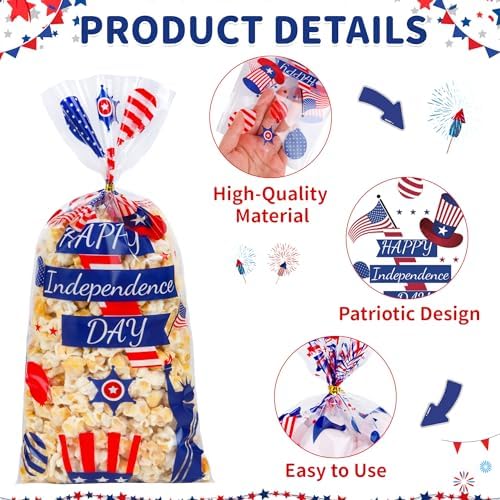 QOIUSO 50 Pcs 4th of July Cellophane Treat Bags - Patriotic Candy Goodie Bags with Gold Twist Ties - Clear Independence Day Party Favor Bags for Cookies, Snacks, Gift Packaging Supplies