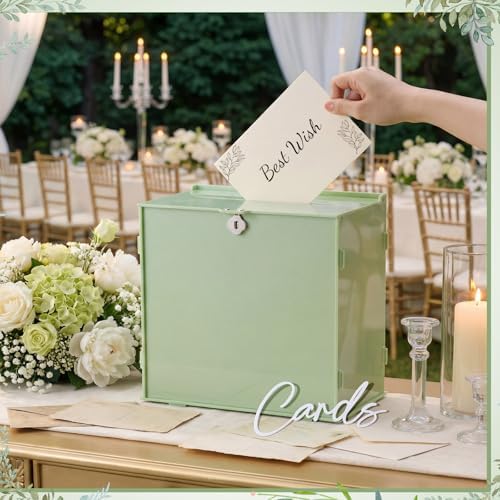 BreezeHug 10" Sage Green Acrylic Wedding Card Box with Lock & 3D Letters
