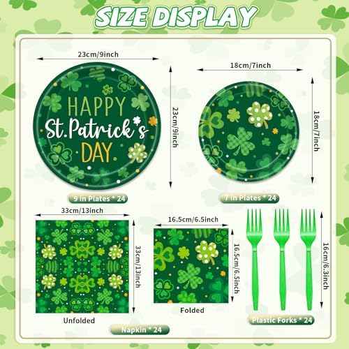 96 Pieces Happy St. Patrick's Day Plates and Napkins Tableware Set, Green Shamrock Lucky Disposable Dinnerware with Paper Plates, Napkins, and Forks for St Patrick Day Irish Party Supplies- Serves 24