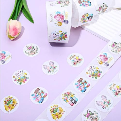 500PCS Easter Bunny Stickers 12 Designs Spring Easter Egg Rabbit Stickers Roll 1in Waterproof Self-Adhesive Decorative Label Rabbit Sticker for Envelopes Scrapbook Holiday Party Decorations