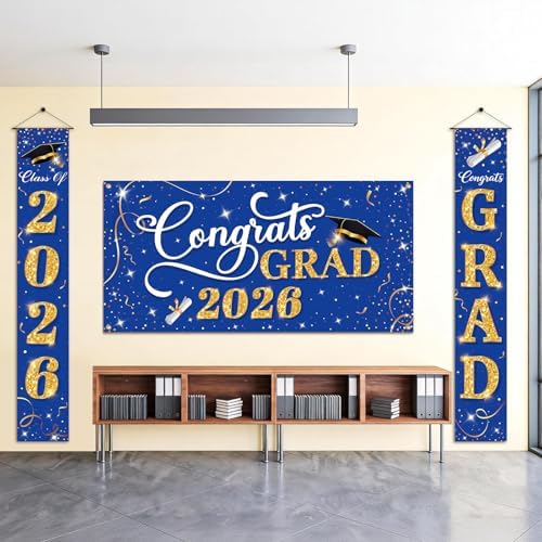 Class of 2026 Graduation Decorations, 3 Pcs Blue Gold Congrats Grad Banner and Backdrop Set with 1 Photo Backdrop and 2 Hanging Banners for Indoor Outdoor Party Decor