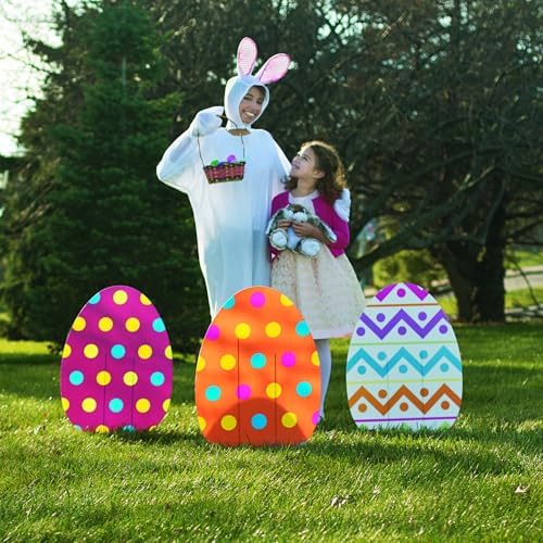 Fun Express Jumbo Easter Eggs Yard Signs 4-Pack - Large 18x24.5 Outdoor Easter Decorations with Stakes | Weather-Resistant Egg Hunt Signs for Front Yard, Lawn & Garden Party Decor