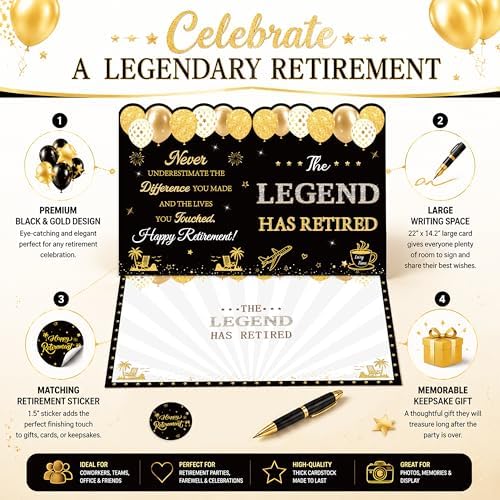 WNINK Black Gold Retirement Card for Men Women, Jumbo Happy Retirement Guest Book Card with Envelope, Large Farewell Signing Card, The Legend Has Retired Party Decorations Gift