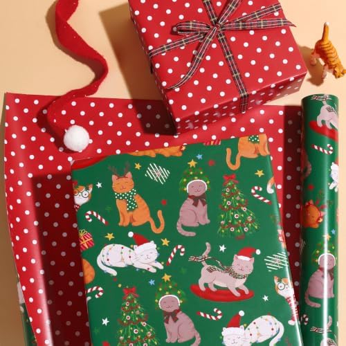 LaRibbons Reversible Cat Christmas Wrapping Paper Roll Pet 17 In x 33 Ft