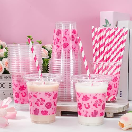 Whaline 50Pcs Pink Pony Club Plastic Cups Disposable Cups with Lids Straws 12oz Hot Pink Western Cowgirl Clear Plastic Cup for Birthday Bachelorette Party Supplies