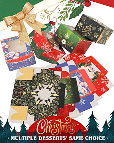 qiqee Christmas Bakery Boxes with Window 52pcs 4x4x2.5 Inch Mini Cookie Boxes Macaron Boxes Small Donut Pastry Boxes for Christmas