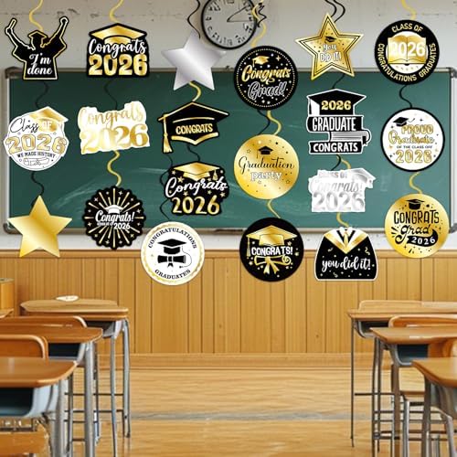 40Pcs Graduation Party Hanging Swirl Decorations, Black Glod Class of 2026 Congrats Grad Hanging Swirls Ceiling Decorations for 2026 Graduation Party Decor Supplies