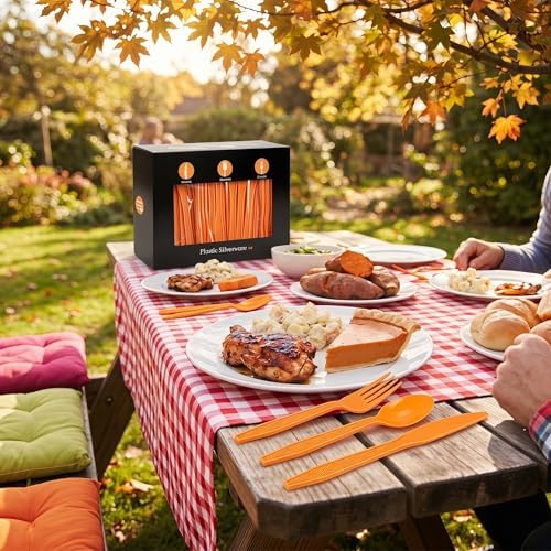 360Pcs Orange Plastic Silverware Set, Disposable Forks Spoons Knives