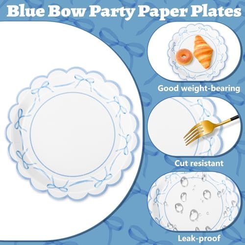 JarThenaAMCS 50Pcs Blue Bow Paper Plate Scalloped Bowknot Baby Shower Disposable Plate 9 Inch Decorative Dinner Plates for Birthday Party Table Decor